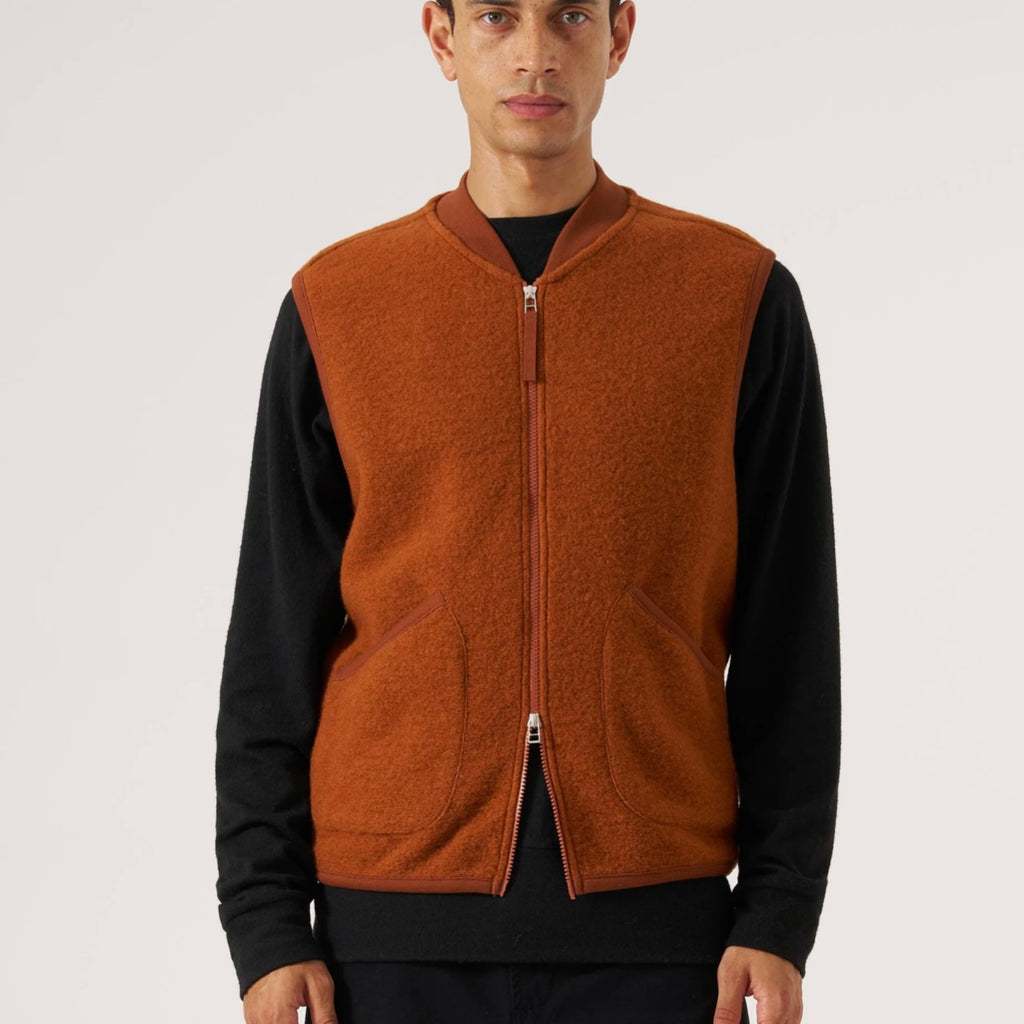 Universal Works Rust Fleece Zip Waistcoat