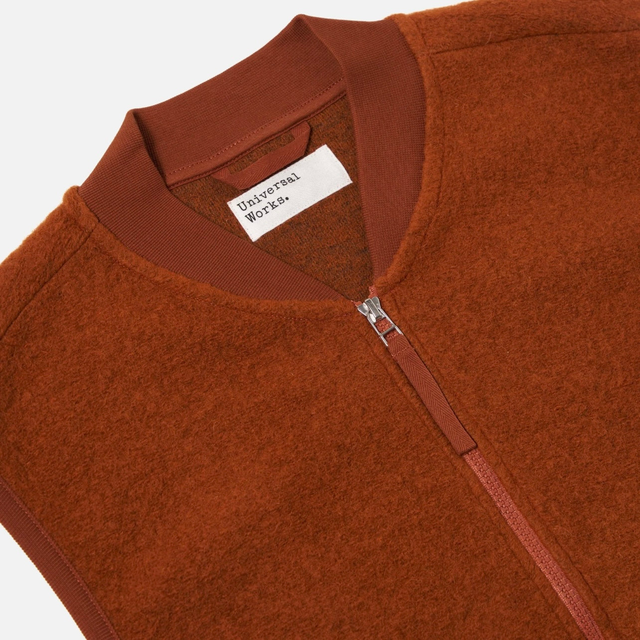 Universal Works Rust Fleece Zip Waistcoat